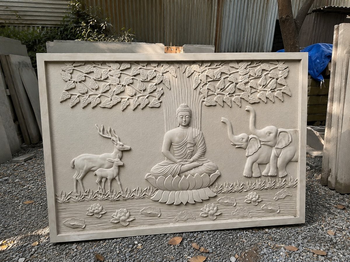 Beige sandstone relief of the Buddha in a forest with deer, elephants and a bodhi tree