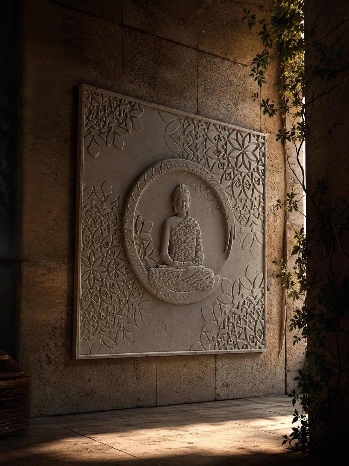 Deep relief Buddha in bloom carved in beige limestone