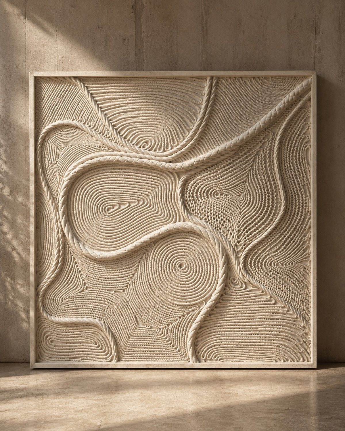 Framed travertine panel carved with a flowing contour swirl