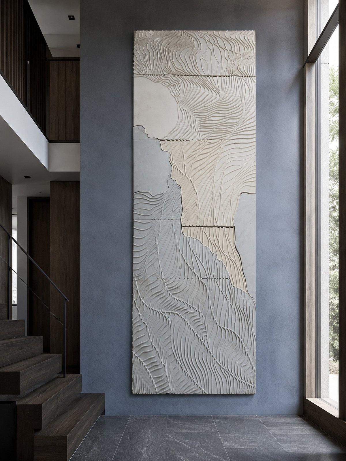 Four-panel white marble contour relief with repeatable carved geometry