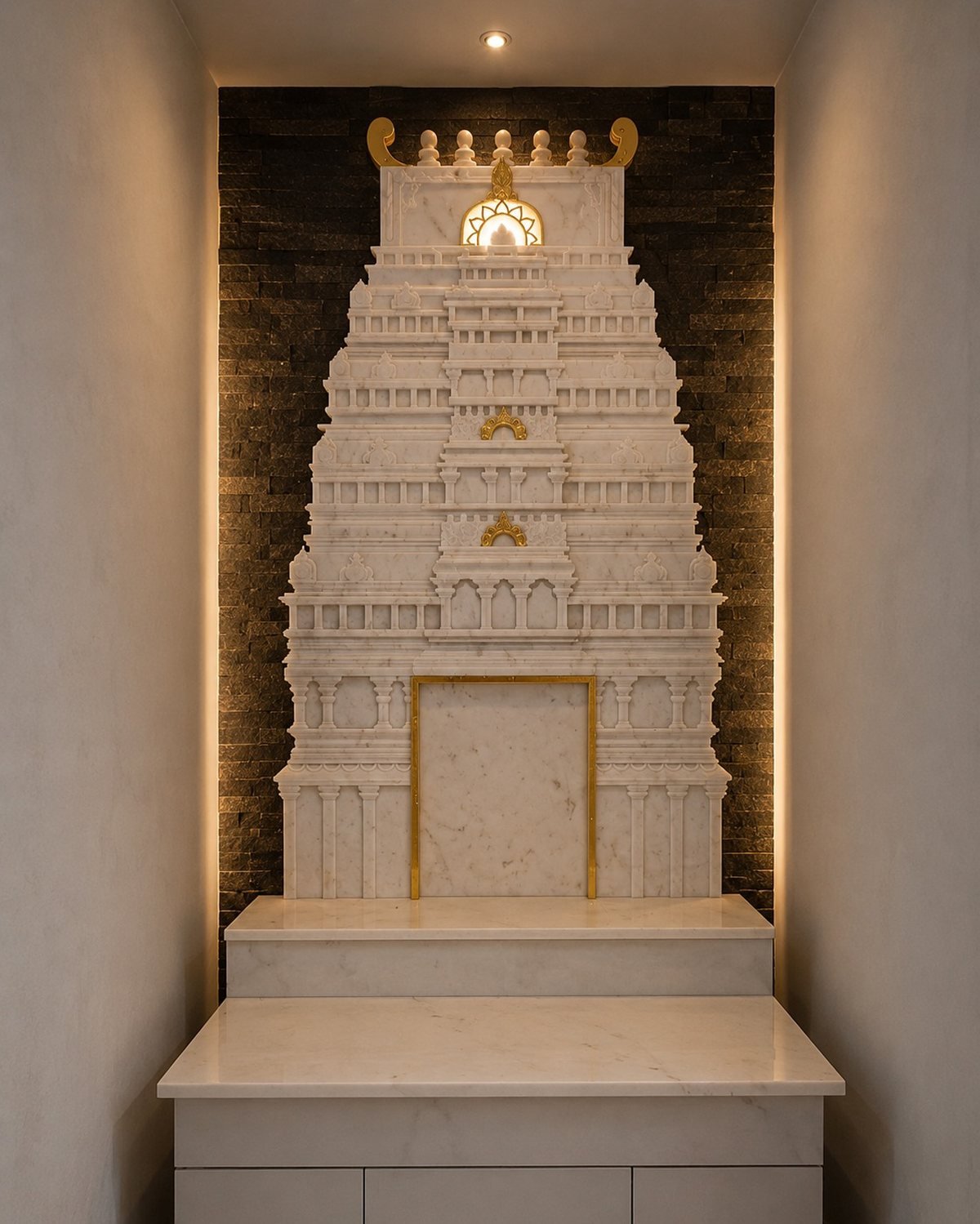 White marble and gold tiered temple shrine carved by Stonegraph