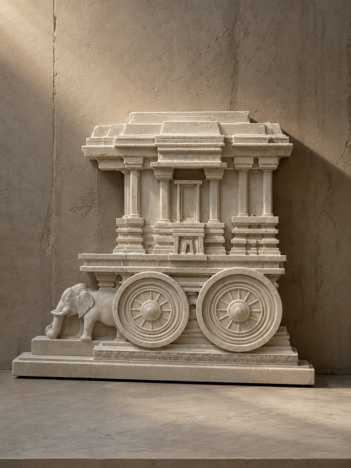 Free-standing carved limestone temple chariot architectural feature